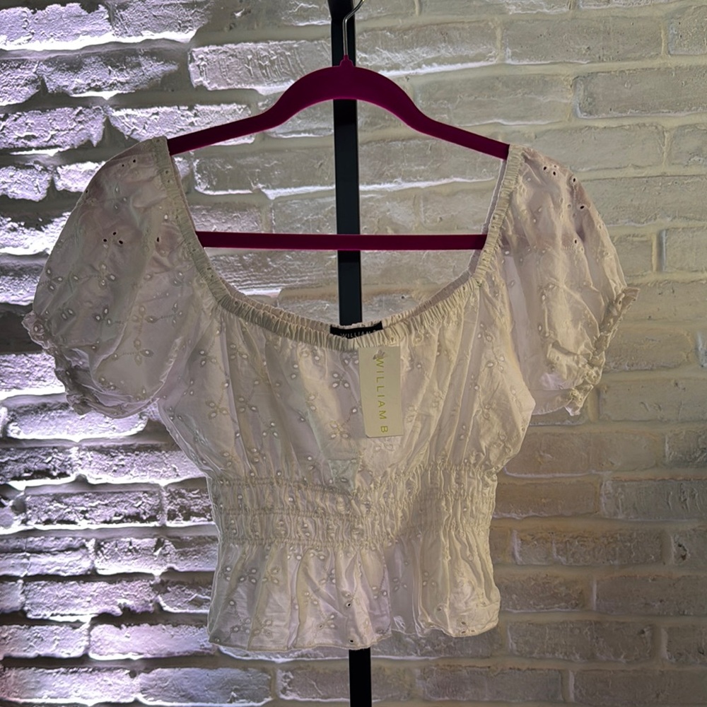 Cream Smocked Cropped Blouse with Puff Sleeves